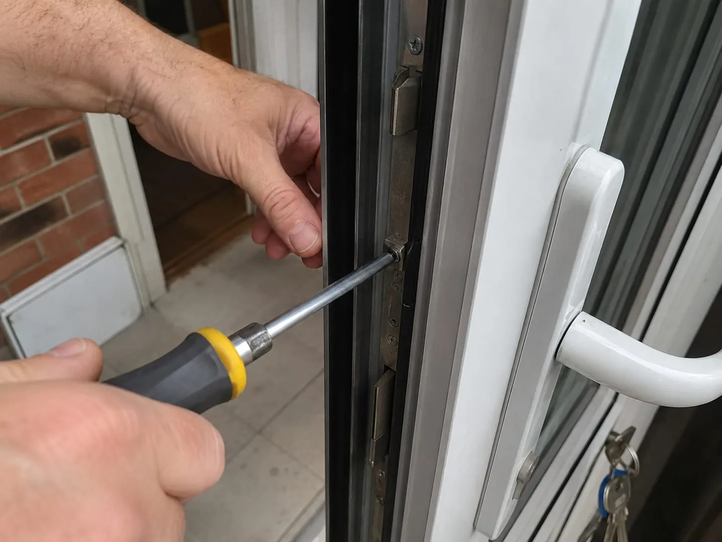 A Rapid Lock engineer repairing a uPVC door multipoint locking mechanism, door edge open.